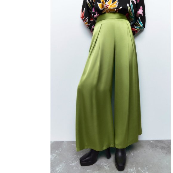 ZARA CREPE PLEATED PALAZZO SATIN EFFECT CITRINE GREEN PANT TROUSERS - Picture 3 of 12